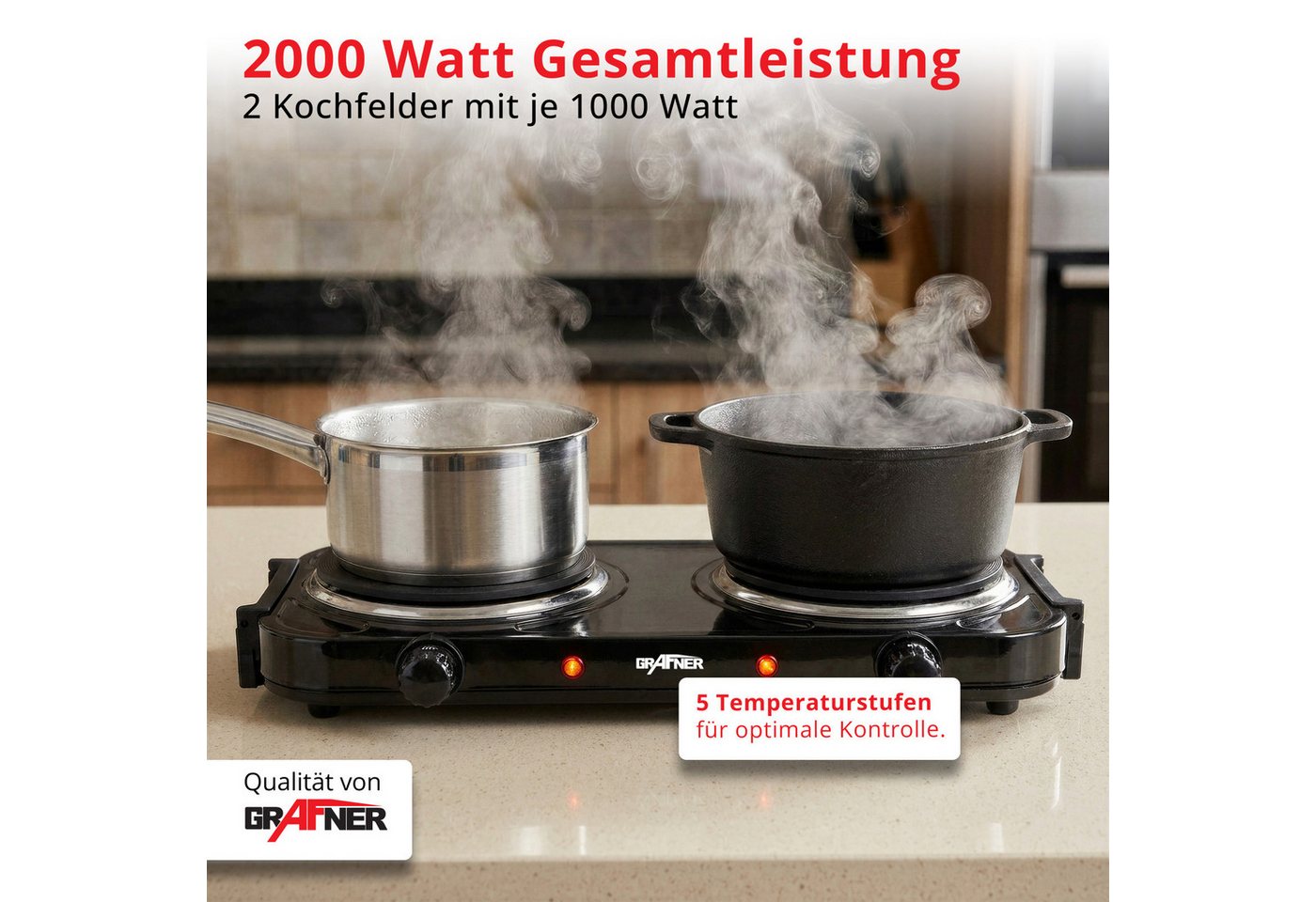 Grafner Doppelkochplatte Grafner® 2000 Watt mit klappbaren Griffen Schwarz, Mobile Herdplatte, Überhitzungsschutz, 2000 Watt Bild 5