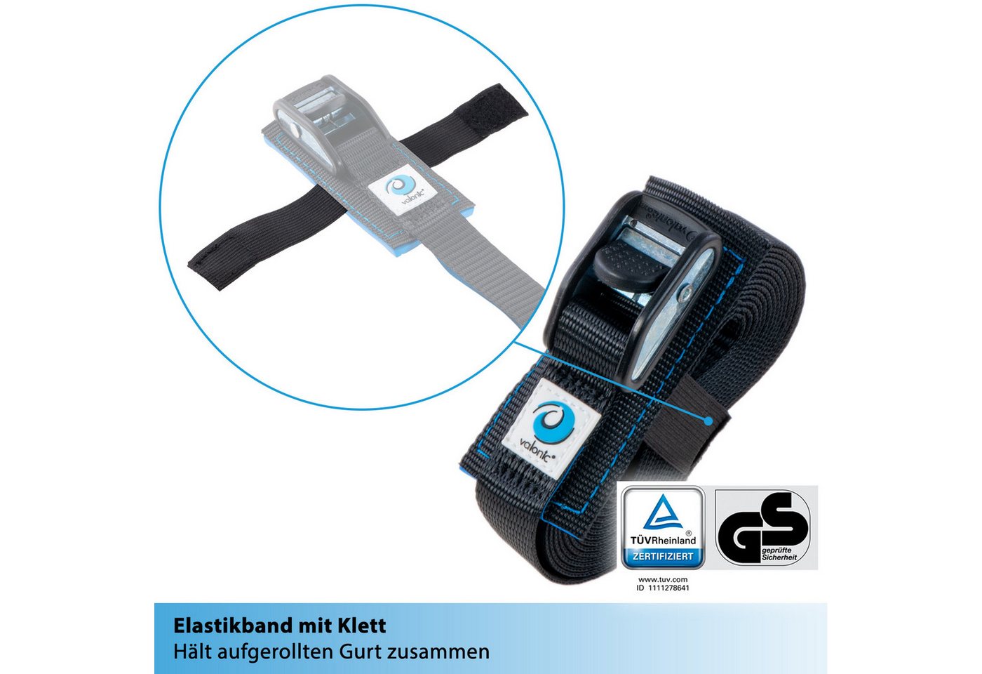 valonic Spanngurt valonic DOLPHIN Spanngurte 2x 1-6m Klemmschloss TÜV-GS 500kg Zurrgurte (2er Set, 2 Stück Klemmschlussgurt) Verzurrgurt für SUP Board oder Kajak