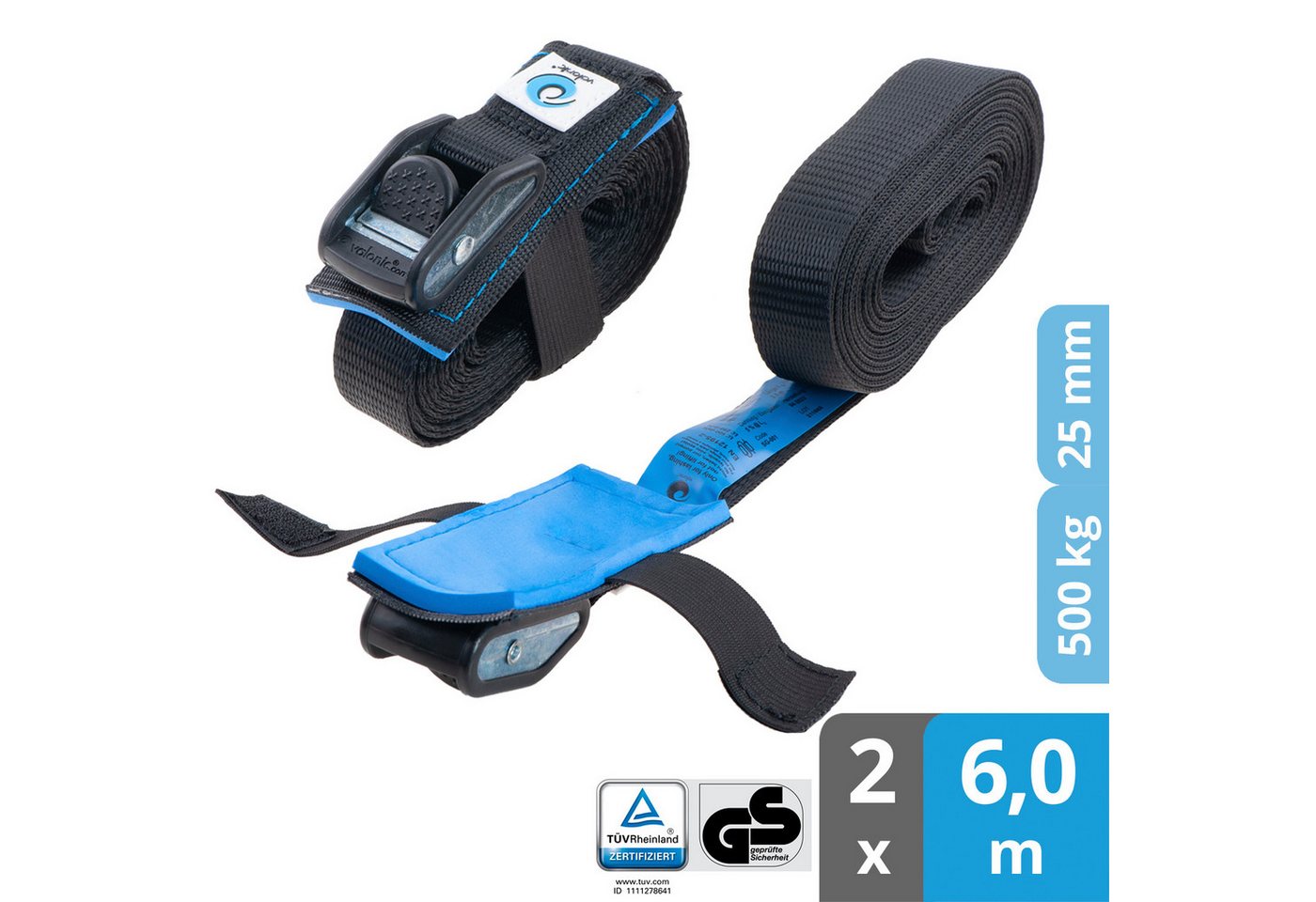 valonic Spanngurt valonic DOLPHIN Spanngurte 2x 1-6m Klemmschloss TÜV-GS 500kg Zurrgurte (2er Set, 2 Stück Klemmschlussgurt) Verzurrgurt für SUP Board oder Kajak Bild 2