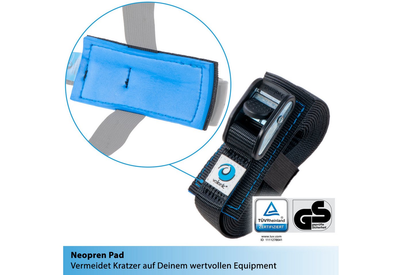 valonic Spanngurt valonic DOLPHIN Spanngurte 2x 1-6m Klemmschloss TÜV-GS 500kg Zurrgurte (2er Set, 2 Stück Klemmschlussgurt) Verzurrgurt für SUP Board oder Kajak Bild 4