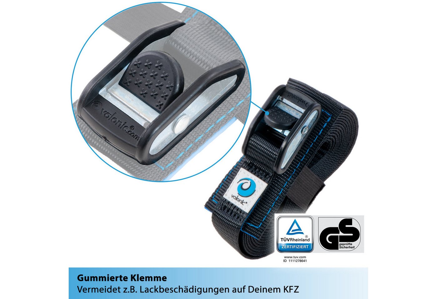 valonic Spanngurt valonic DOLPHIN Spanngurte 2x 1-6m Klemmschloss TÜV-GS 500kg Zurrgurte (2er Set, 2 Stück Klemmschlussgurt) Verzurrgurt für SUP Board oder Kajak Bild 5