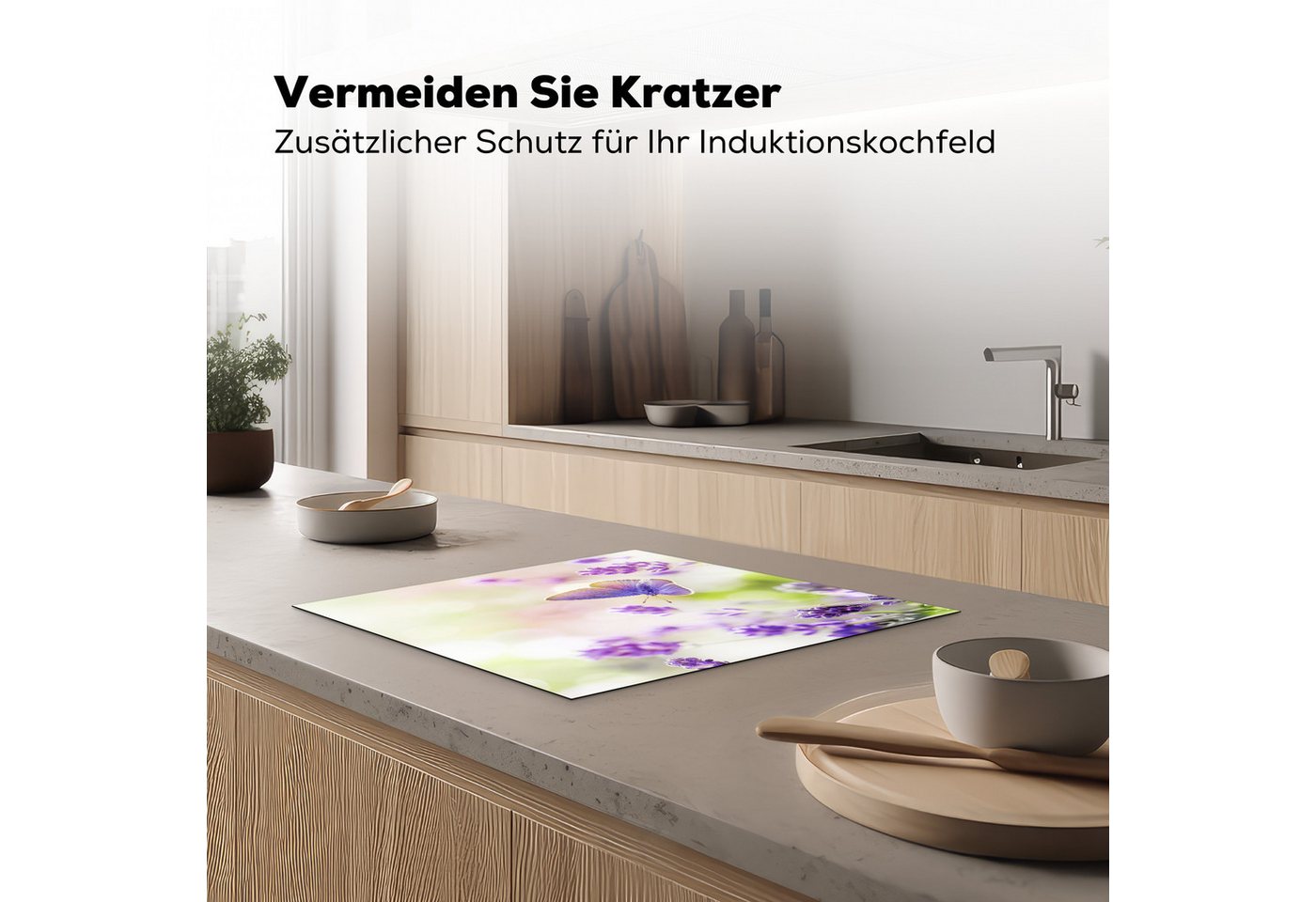 MuchoWow Herd-Abdeckplatte Lavendel - Schmetterling - Blumen, Vinyl, (1 tlg), Ceranfeldabdeckung Küche, Herdabdeckplatte Einteilig, 59x51 cm Bild 3