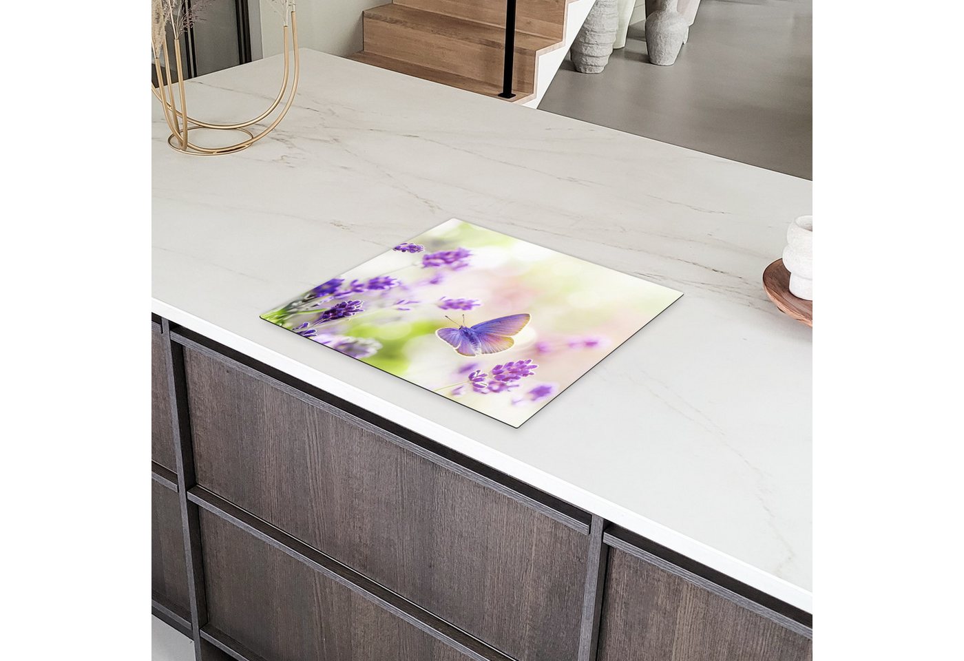 MuchoWow Herd-Abdeckplatte Lavendel - Schmetterling - Blumen, Vinyl, (1 tlg), Ceranfeldabdeckung Küche, Herdabdeckplatte Einteilig, 59x51 cm Bild 5