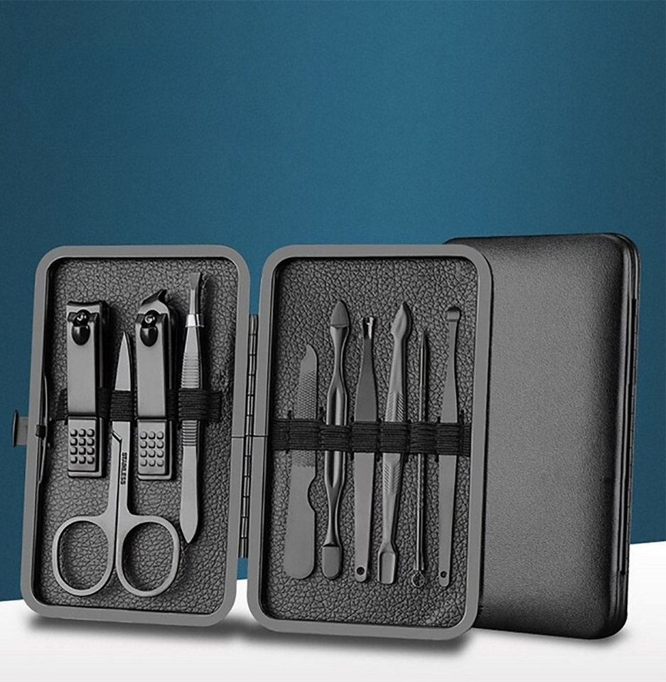 TPFBeauty Maniküre-Pediküre-Set mit Etui, 10-tlg., Nagelschere, Nagelknipser, Pinzette uvm. Nagel Set, Edelstahl Maniküre Set Pediküre Set in Aufbewahrungs-Etui - Schwarz