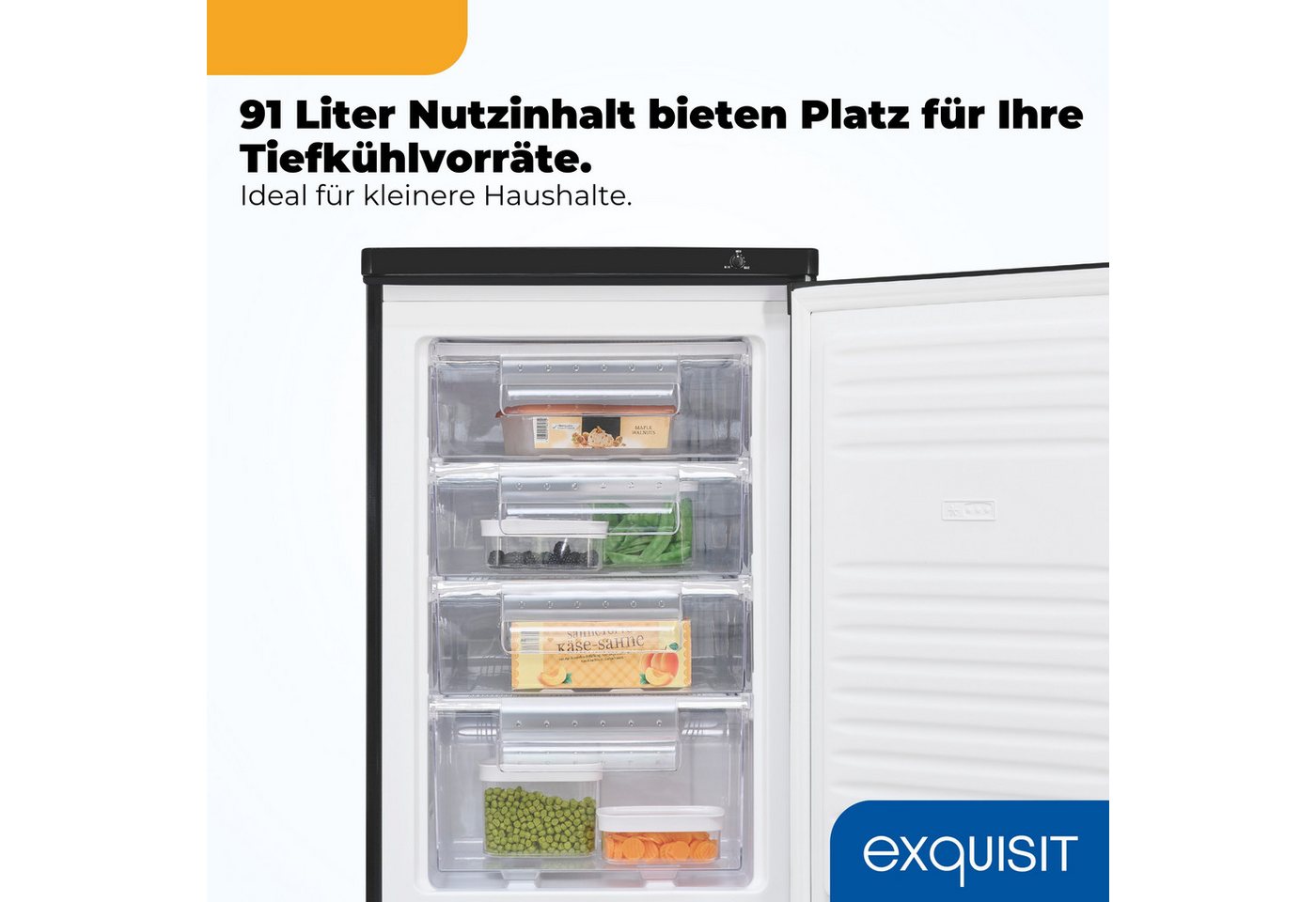exquisit Gefrierschrank GS512-040E, 85.5 cm hoch, 55 cm breit, 91 l Nutzinhalt, 4 Gefrierschubladen, 40 dB Geräusch, Geräuschklasse C Bild 2