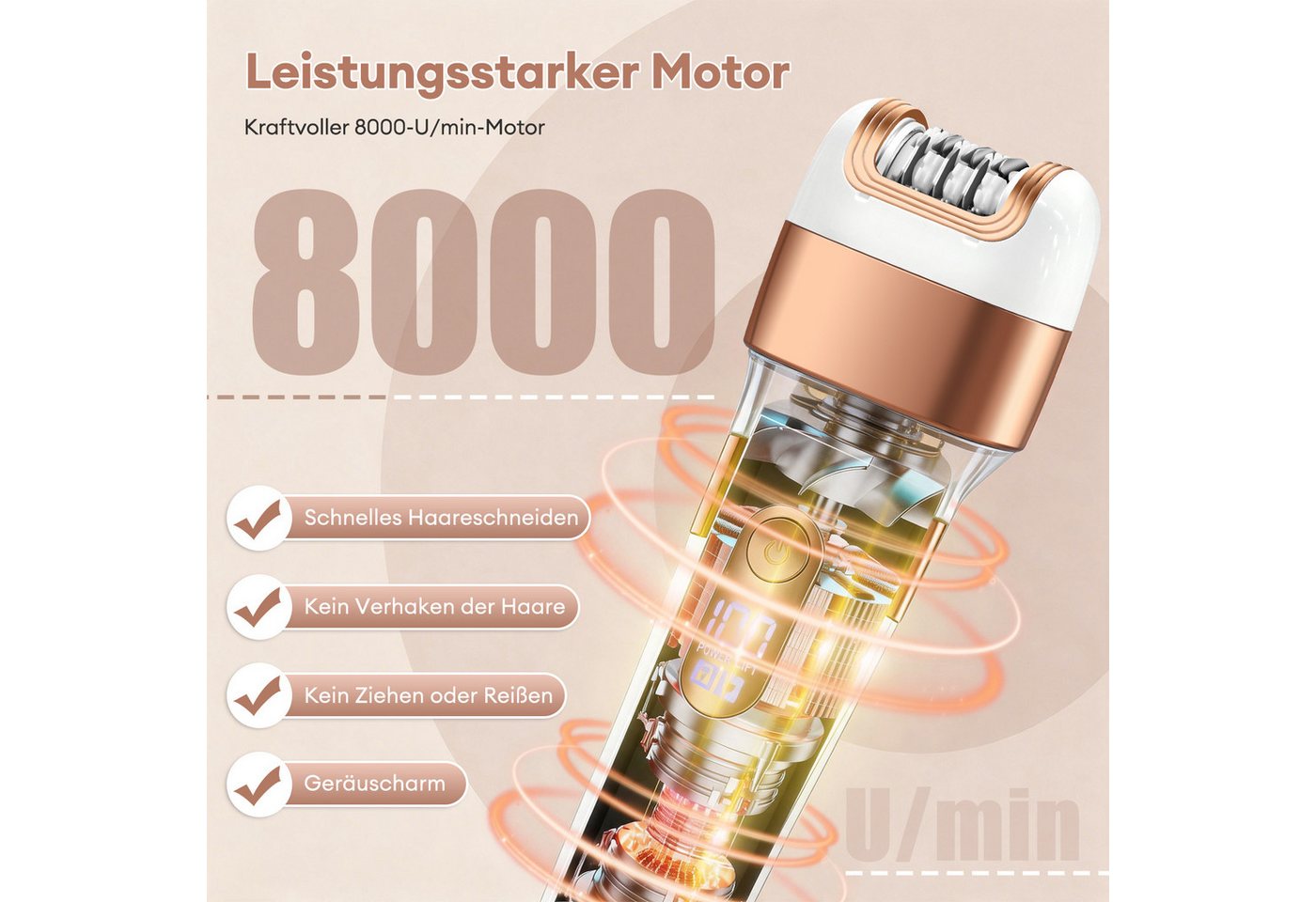 CkeyiN Epilierer Epilierer Damen 3 in 1 mit Rasier-,Trimmer- &Hornhautentferner Aufsatz, Aufsätze: 3 St., 8000U/min,LED-Anzeige,Reisesperre, Nass- und Trockenepilierer Körperrasierer für seidig-glatte Haut Bild 2