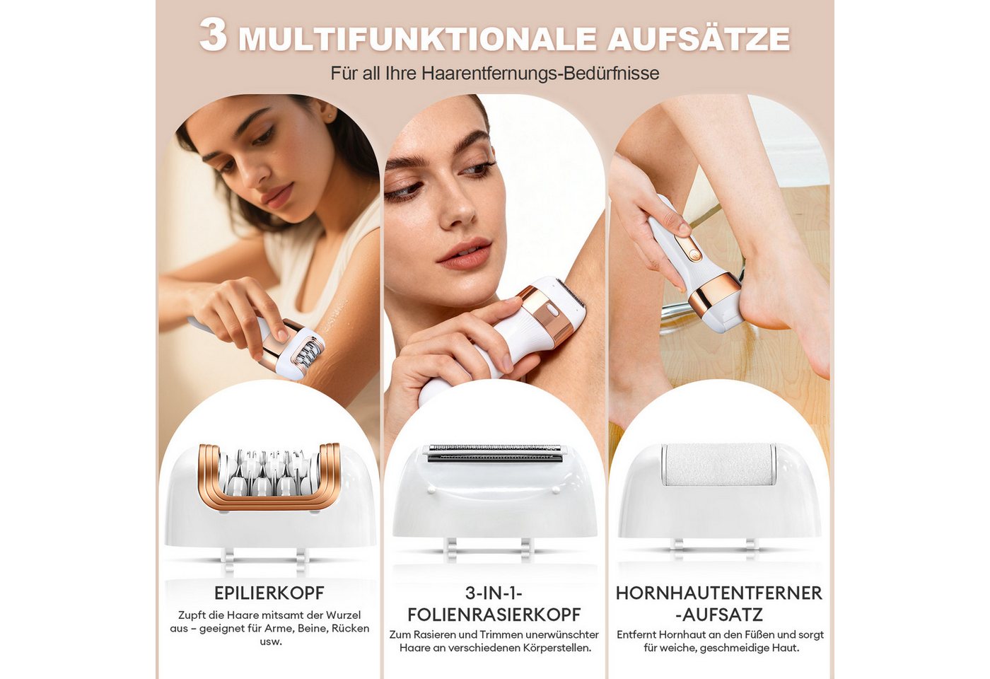 CkeyiN Epilierer Epilierer Damen 3 in 1 mit Rasier-,Trimmer- &Hornhautentferner Aufsatz, Aufsätze: 3 St., 8000U/min,LED-Anzeige,Reisesperre, Nass- und Trockenepilierer Körperrasierer für seidig-glatte Haut Bild 4
