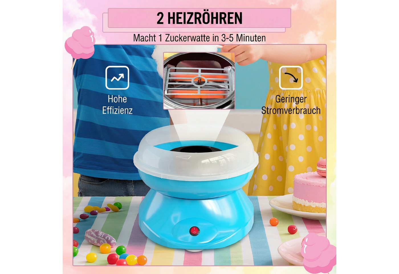 HOMCOM Zuckerwattemaschine Cotton Candy Machine Zuckerwatte Maschine mit Stäbchen und Messlöffel, Kompaktes Design, Antihaftbeschichtung, 550W Bild 2
