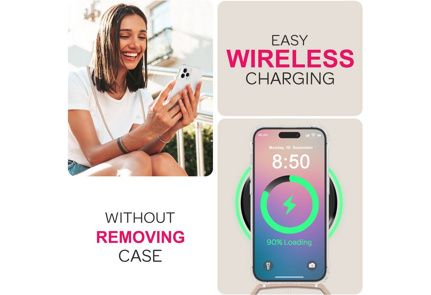Nalia Handykette Apple iPhone 16 Pro Max 17,5 cm (6,9 Zoll), Klare Hülle mit Band zum Umhängen / Crossbody Transparent Case & Kette