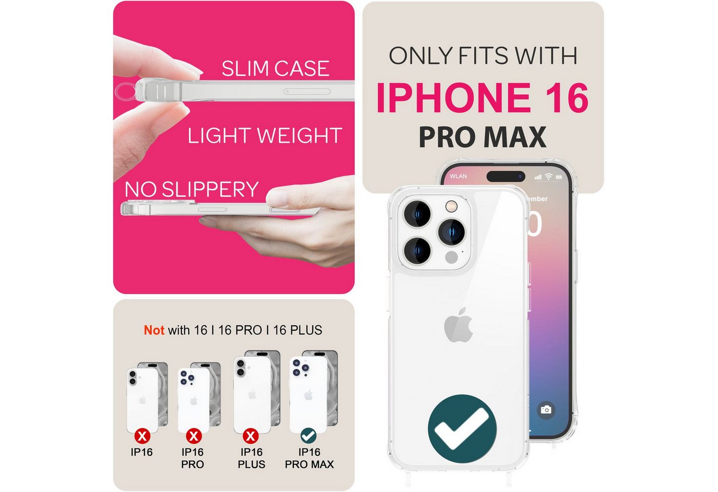 Nalia Handykette Apple iPhone 16 Pro Max 17,5 cm (6,9 Zoll), Klare Hülle mit Band zum Umhängen / Crossbody Transparent Case & Kette Bild 2