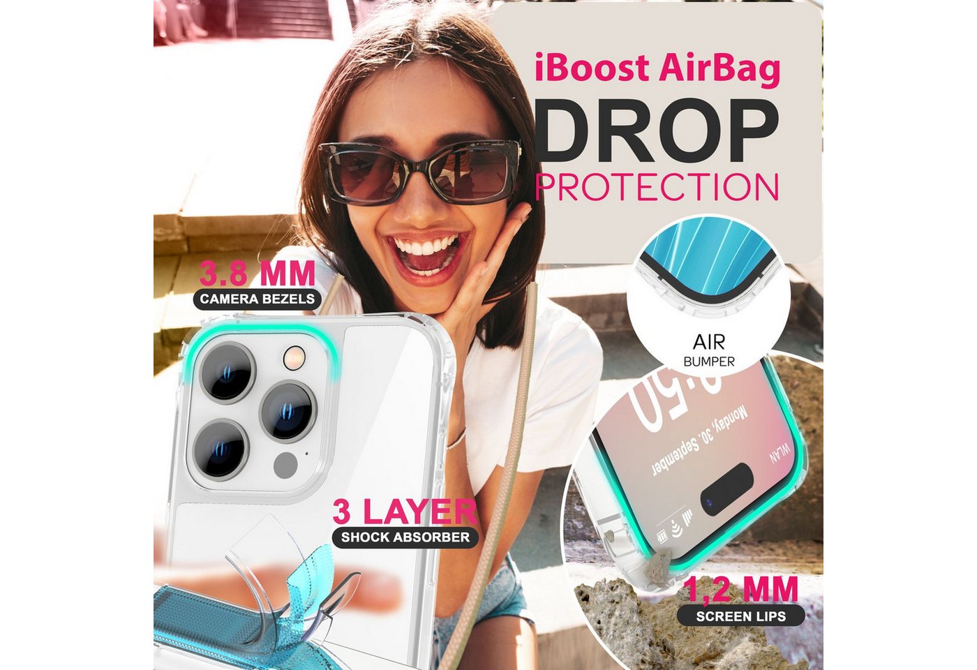 Nalia Handykette Apple iPhone 16 Pro Max 17,5 cm (6,9 Zoll), Klare Hülle mit Band zum Umhängen / Crossbody Transparent Case & Kette Bild 3