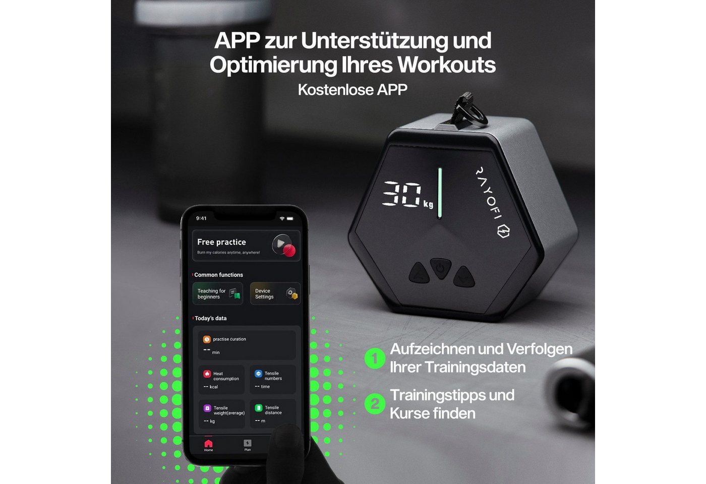 Rayofi Kraftstation Upgrade Mobiler Kabelzug 3–30 kg für Rücken & Ganzkörpertraining, 0 Gewichtsblöcke (Kraftstation, 2-tlg., Türanker, Fußschlaufe, Pro-Bodenplatte, Handgriff), Lüfterkühlung, Butterfly, Latzug & Bizeps Home Gym mit App Bild 2