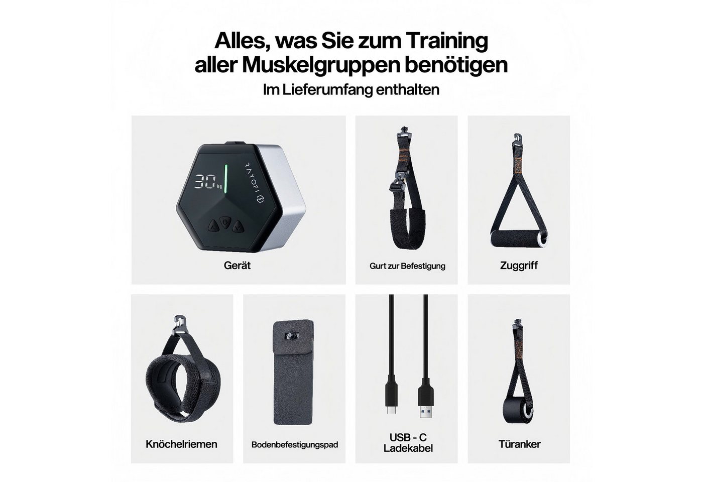 Rayofi Kraftstation Upgrade Mobiler Kabelzug 3–30 kg für Rücken & Ganzkörpertraining, 0 Gewichtsblöcke (Kraftstation, 2-tlg., Türanker, Fußschlaufe, Pro-Bodenplatte, Handgriff), Lüfterkühlung, Butterfly, Latzug & Bizeps Home Gym mit App Bild 5