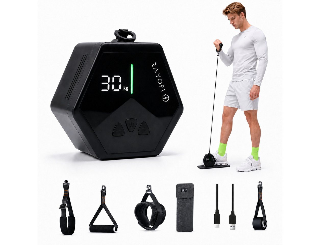Rayofi Kraftstation Upgrade Mobiler Kabelzug 3–30 kg für Rücken & Ganzkörpertraining, 0 Gewichtsblöcke (1-tlg., Türanker, Fußschlaufe, Pro-Bodenplatte, Handgriff), Lüfterkühlung, Butterfly, Latzug & Bizeps Home Gym mit App