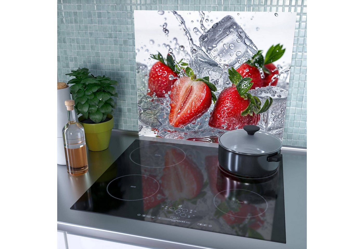 Primedeco Herd-Abdeckplatte Herdabdeckplatte Spritzschutz aus Glas Erdbeeren im Wasser, Glas, (1 tlg) Bild 2