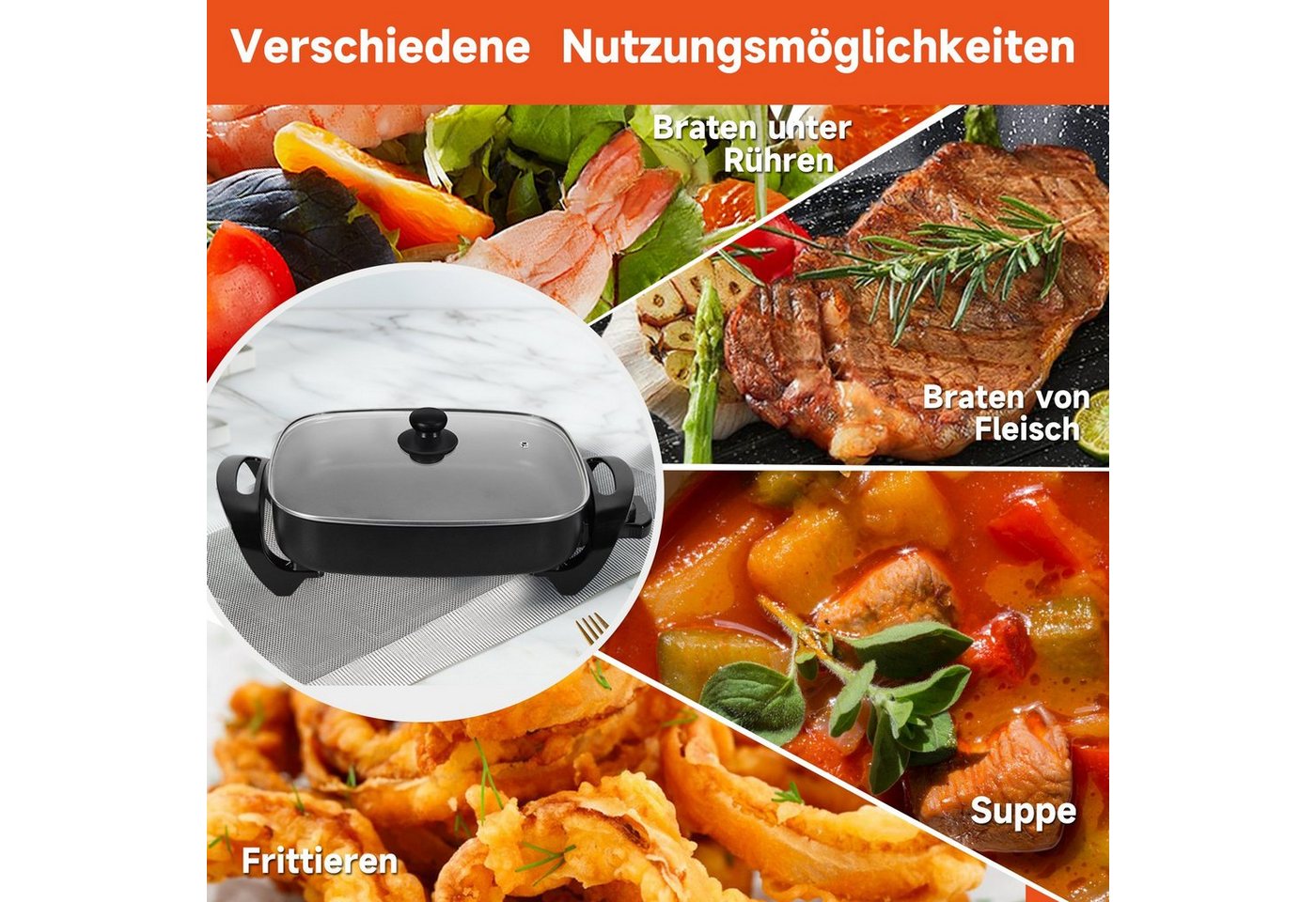 Scheffler Elektrische Pfanne Elektrische Multipfanne, 1500,00 W, mit Antihaftbeschichtung, mit Glasdeckel Bild 2