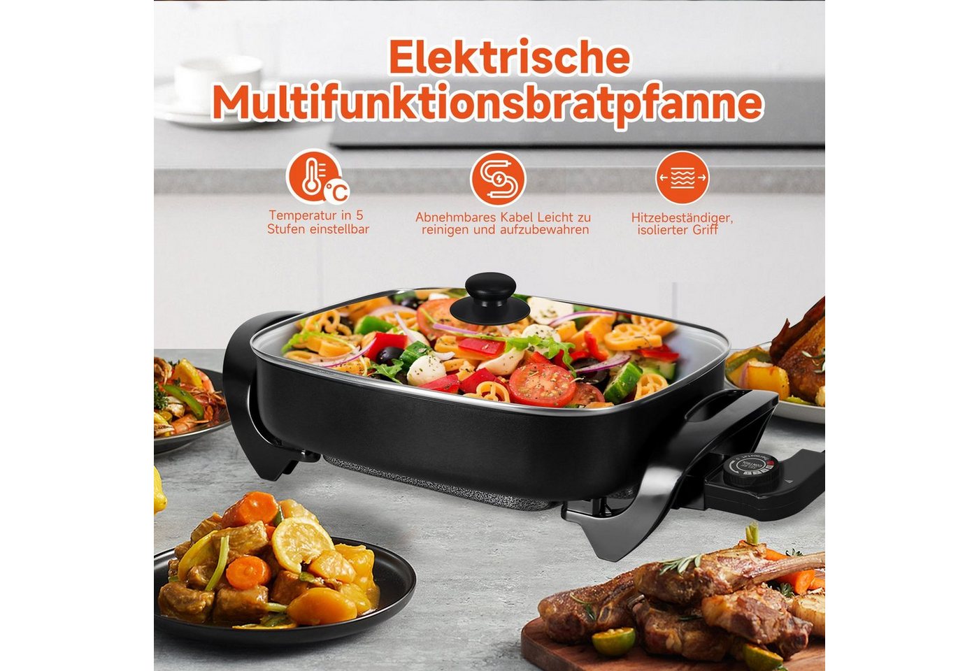 Scheffler Elektrische Pfanne Elektrische Multipfanne, 1500,00 W, mit Antihaftbeschichtung, mit Glasdeckel Bild 3