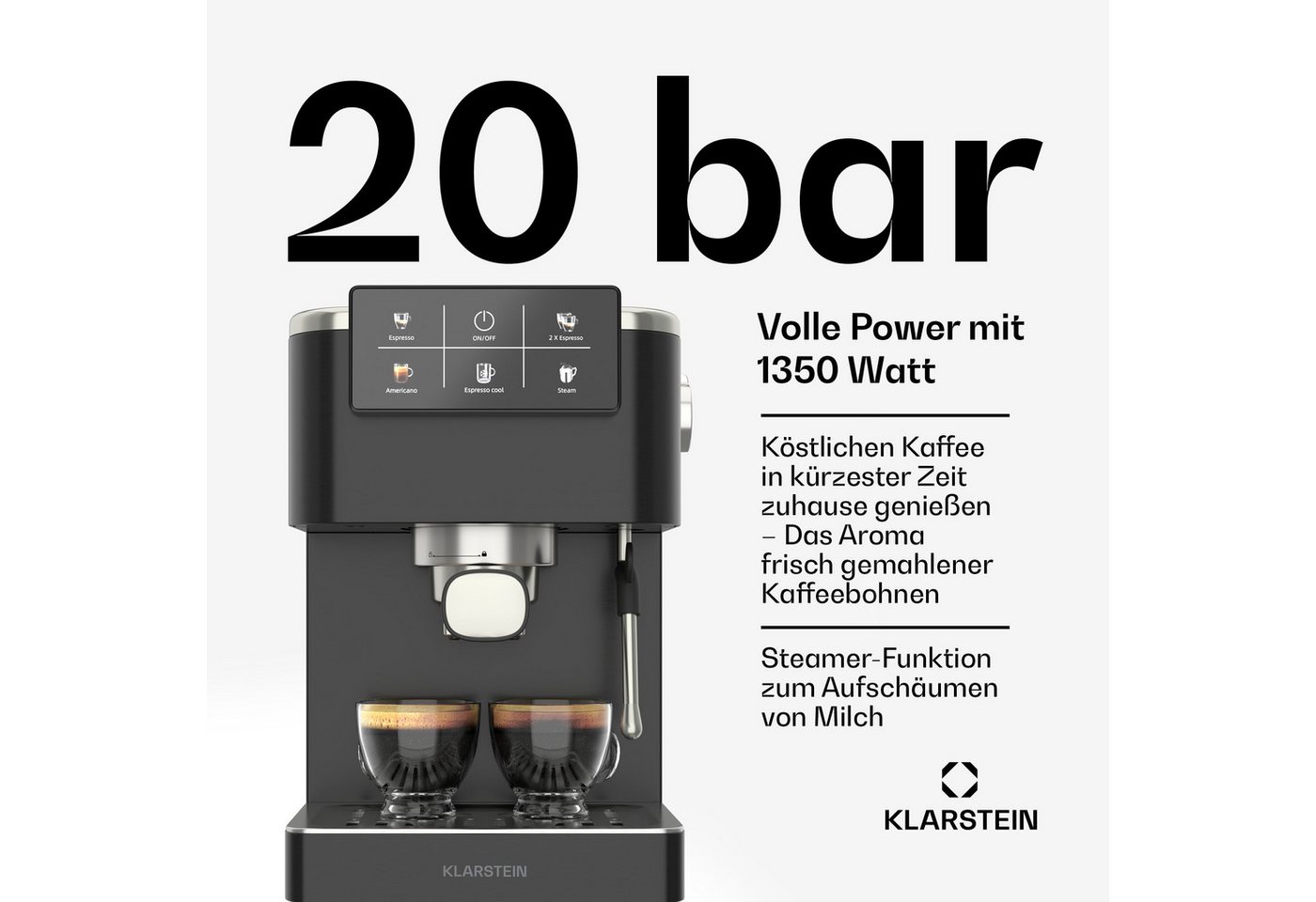Klarstein Espressomaschine, 1.5l Kaffeekanne, Edelstahlfilter, Elektrisch 20 Bar Espressomaschine Kaffemaschine Touch Bild 4