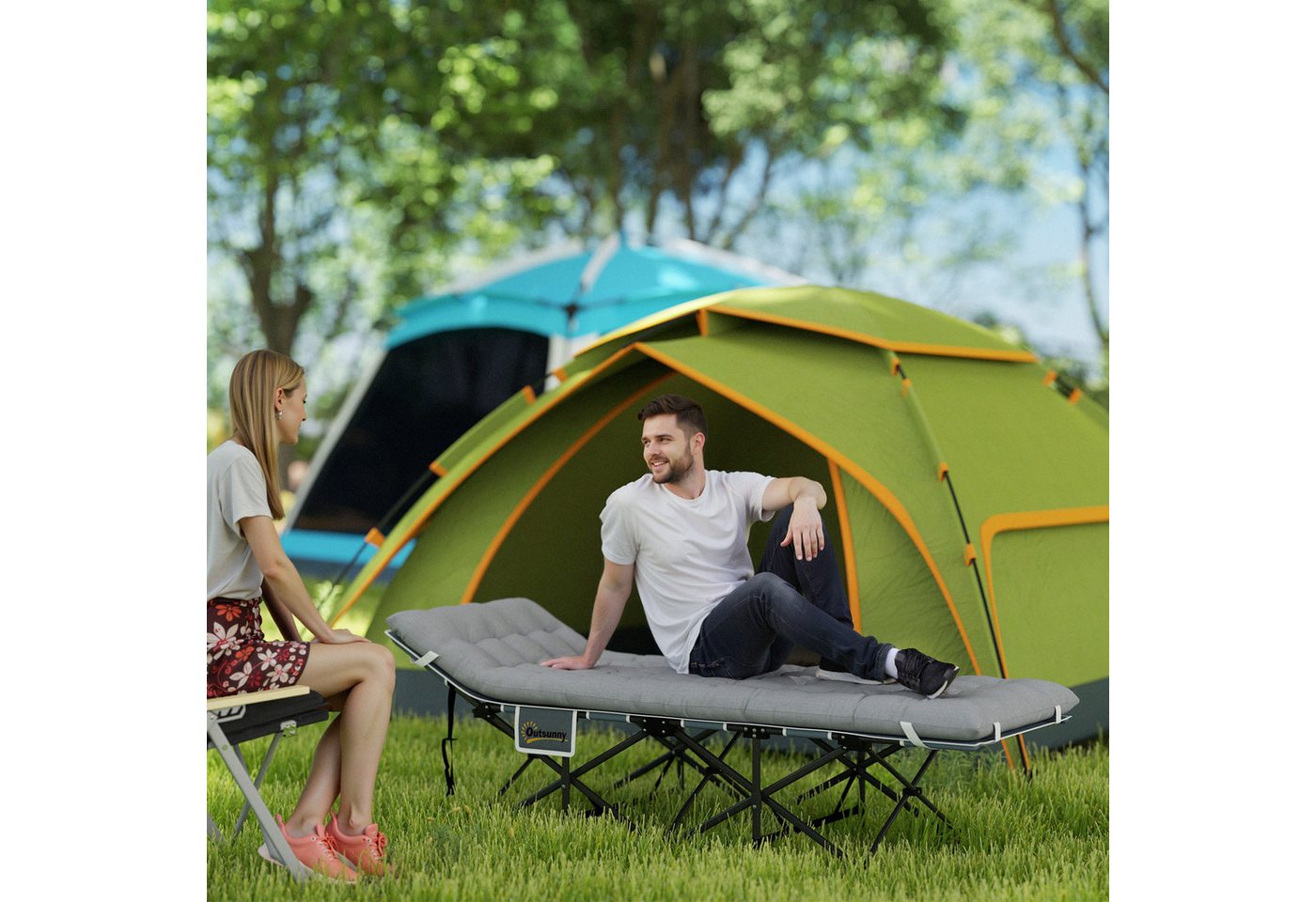 Outsunny Feldbett Campingliege für Erwachsene Klappbett mit Matratze Kopfkissen (Gästebett bis 150 kg, 1-St., faltbar Campingbett) 185 x 68 x 37 cm, für Outdoor, Garten Camping Reisen Hellgrau