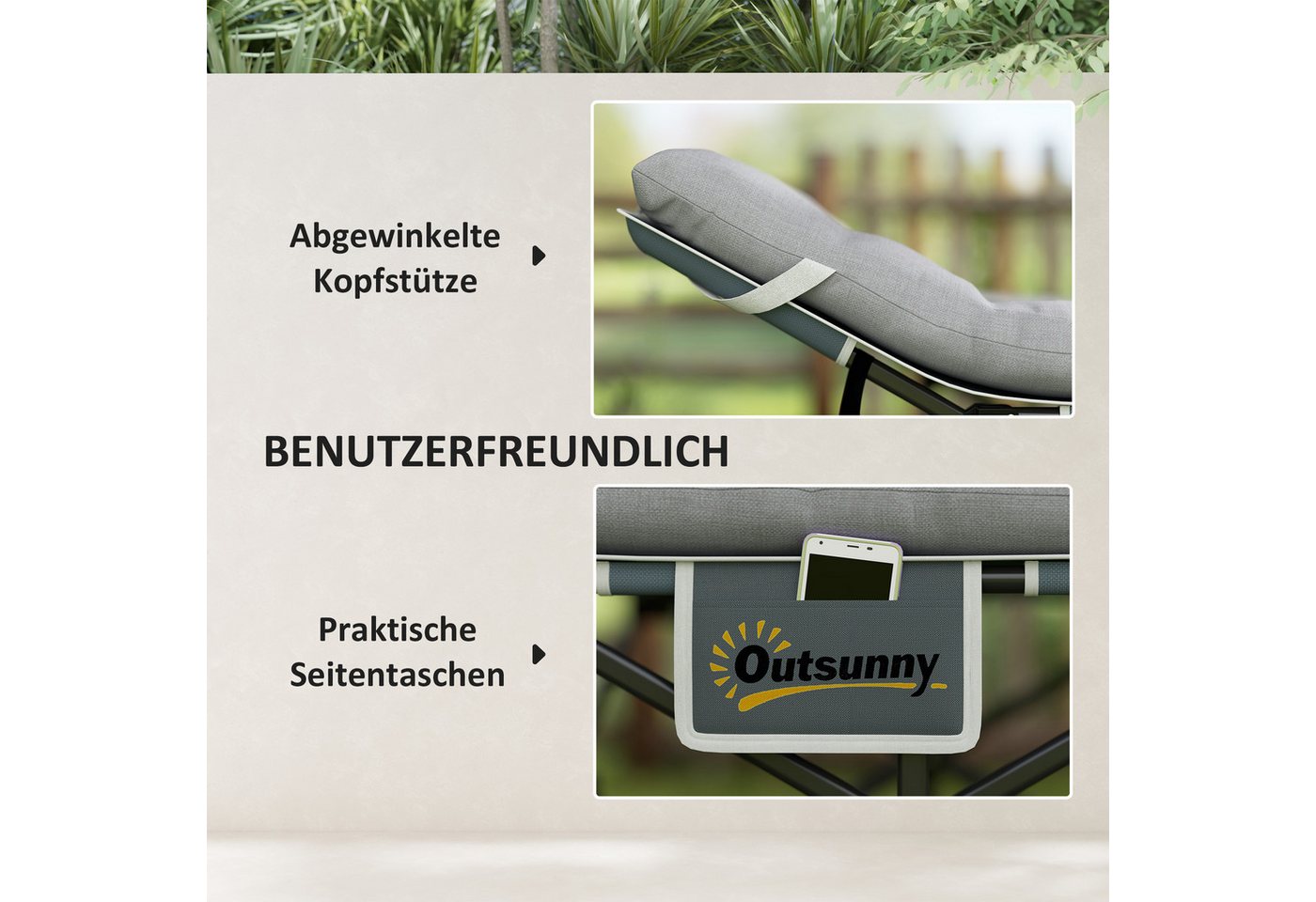 Outsunny Feldbett Campingliege für Erwachsene Klappbett mit Matratze Kopfkissen (Gästebett bis 150 kg, 1-St., faltbar Campingbett) 185 x 68 x 37 cm, für Outdoor, Garten Camping Reisen Hellgrau Bild 2