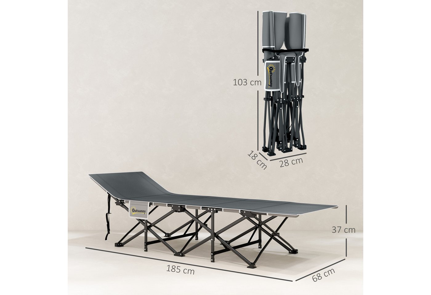 Outsunny Feldbett Campingliege für Erwachsene Klappbett mit Matratze Kopfkissen (Gästebett bis 150 kg, 1-St., faltbar Campingbett) 185 x 68 x 37 cm, für Outdoor, Garten Camping Reisen Hellgrau Bild 3