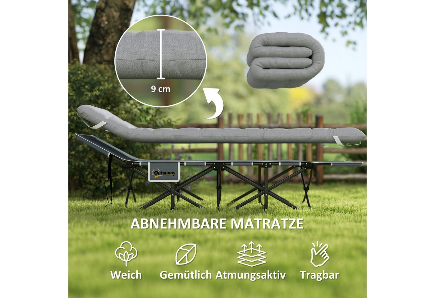 Outsunny Feldbett Campingliege für Erwachsene Klappbett mit Matratze Kopfkissen (Gästebett bis 150 kg, 1-St., faltbar Campingbett) 185 x 68 x 37 cm, für Outdoor, Garten Camping Reisen Hellgrau Bild 4