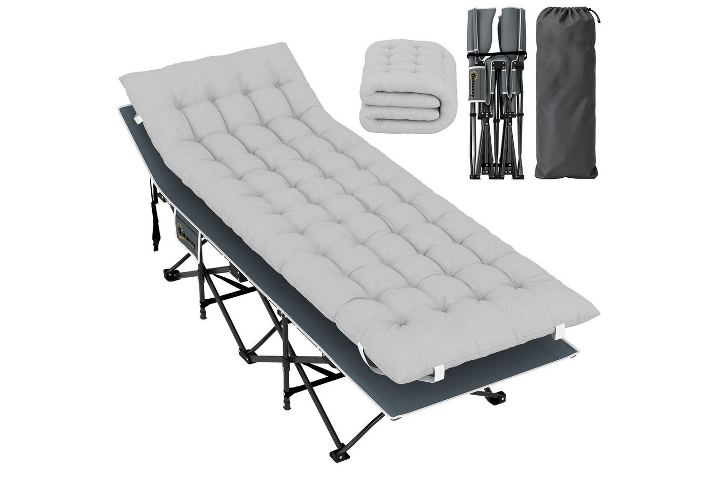 Outsunny Feldbett Campingliege für Erwachsene Klappbett mit Matratze Kopfkissen (Gästebett bis 150 kg, 1-St., faltbar Campingbett) 185 x 68 x 37 cm, für Outdoor, Garten Camping Reisen Hellgrau Bild 5