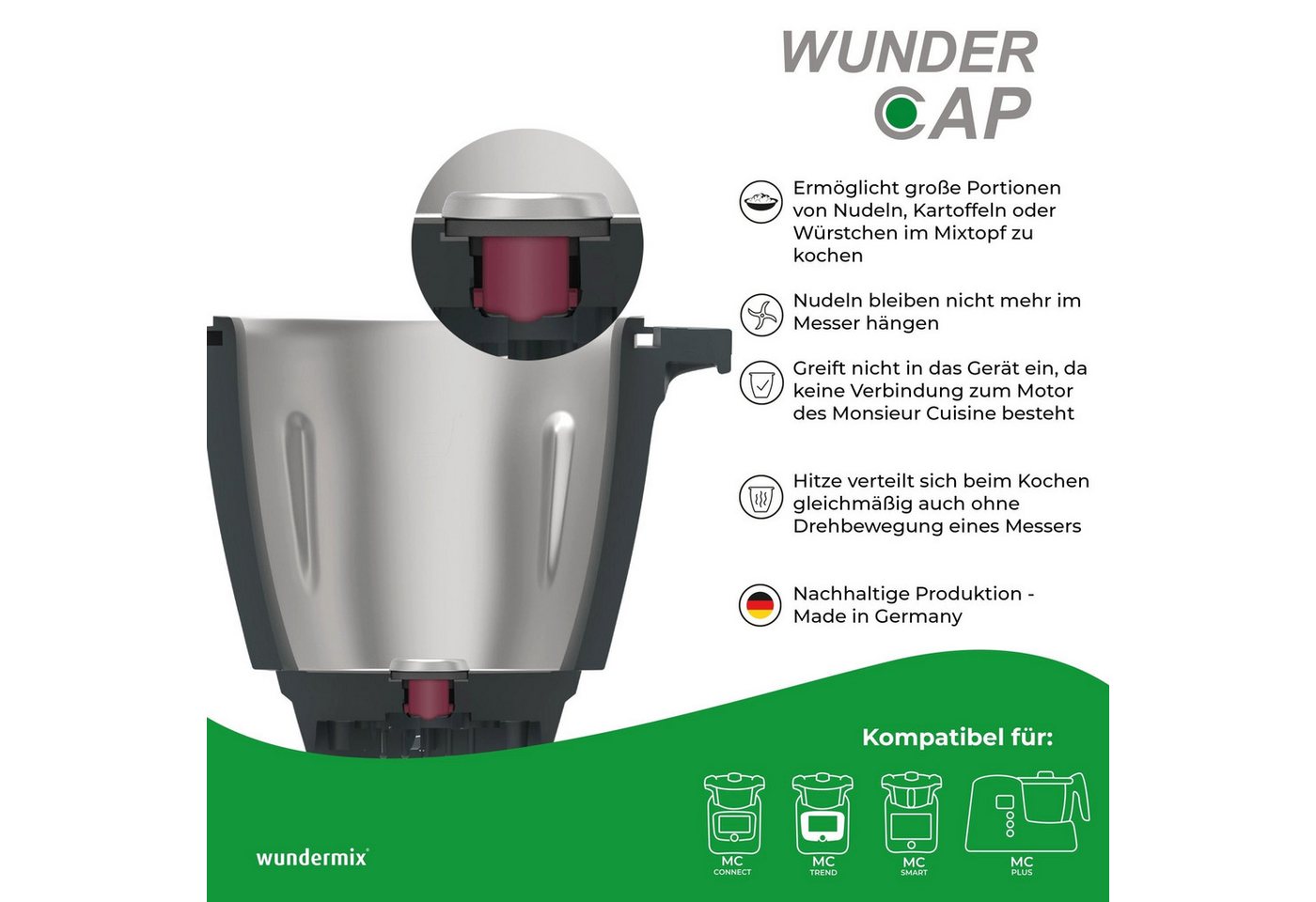 Wundermix Küchenmaschinen Zubehör-Set WunderCap® für Monsieur Cuisine, Zubehör für MC Connect, MC Trend, MC Smart, MC Plus, "Monsieur Cuisine Compact", Der revolutionäre Thermomix-Messerersatz Bild 2