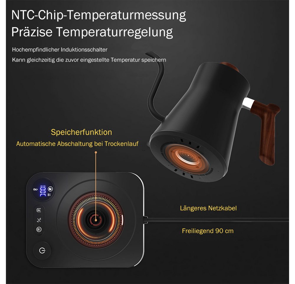 TUWENA Wasserkocher Heißwasserspender mit temperatureinstellung, Schwanenhals wasserkocher, 40-100°C einstellbar & Warmhaltefunktion, 1200W teemaschine, 0.9L