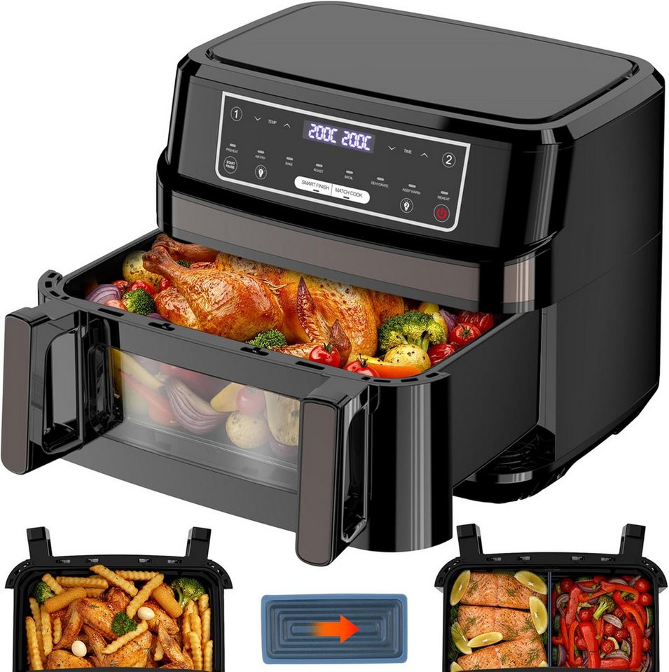 GIDGIMO Heißluftfritteuse 12L XXL 2-in-1 Dual-Zone-Technologie, Doppel-Heizelement Air Fryer, 2600 W, Smart Finish & Match Cook, 8 Programme, Inkl.Trennwand & Rezeptbuch