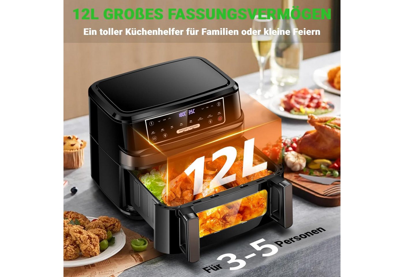 GIDGIMO Heißluftfritteuse 12L XXL 2-in-1 Dual-Zone-Technologie, Doppel-Heizelement Air Fryer, 2600 W, Smart Finish & Match Cook, 8 Programme, Inkl.Trennwand & Rezeptbuch Bild 2