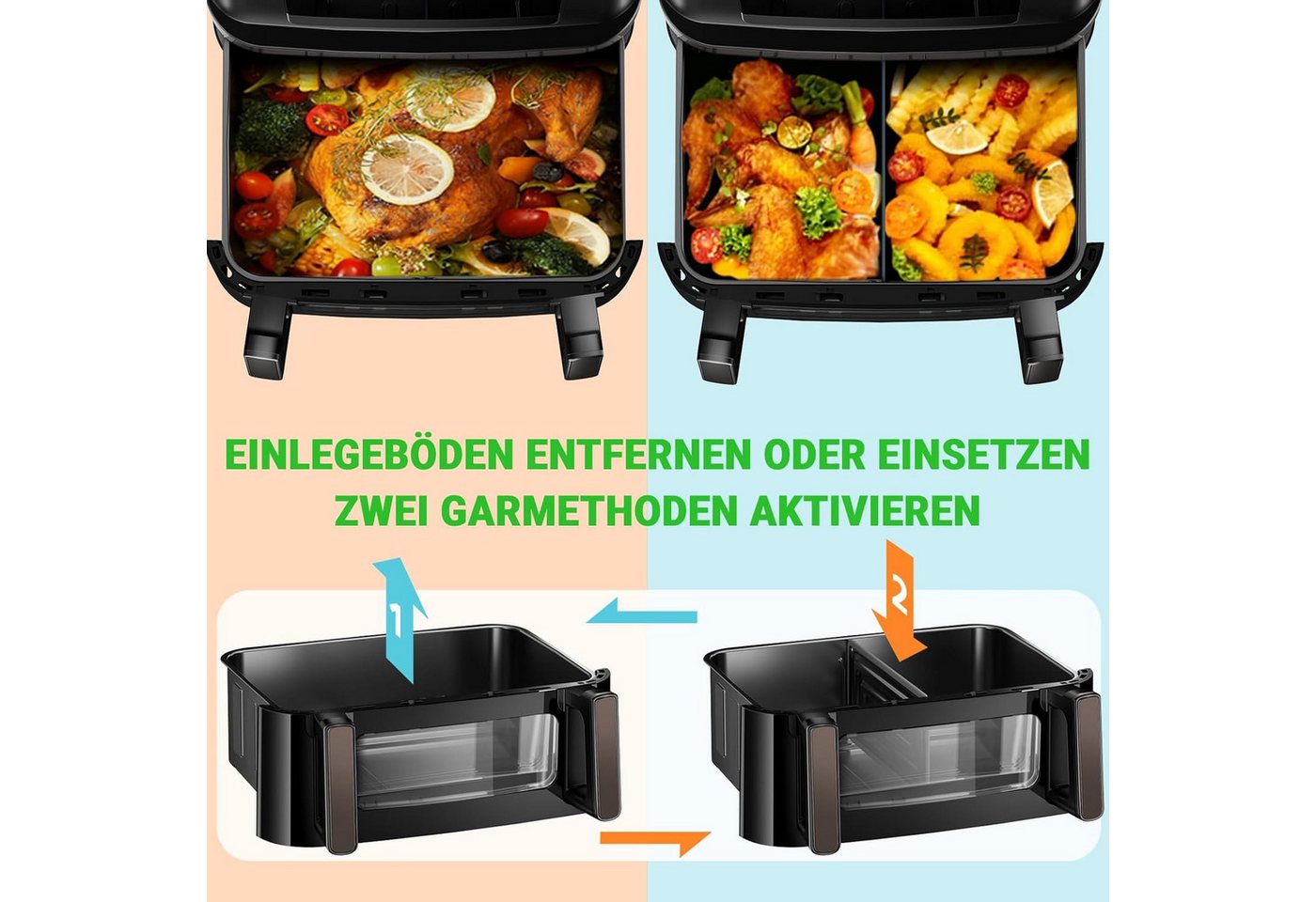 GIDGIMO Heißluftfritteuse 12L XXL 2-in-1 Dual-Zone-Technologie, Doppel-Heizelement Air Fryer, 2600 W, Smart Finish & Match Cook, 8 Programme, Inkl.Trennwand & Rezeptbuch Bild 3