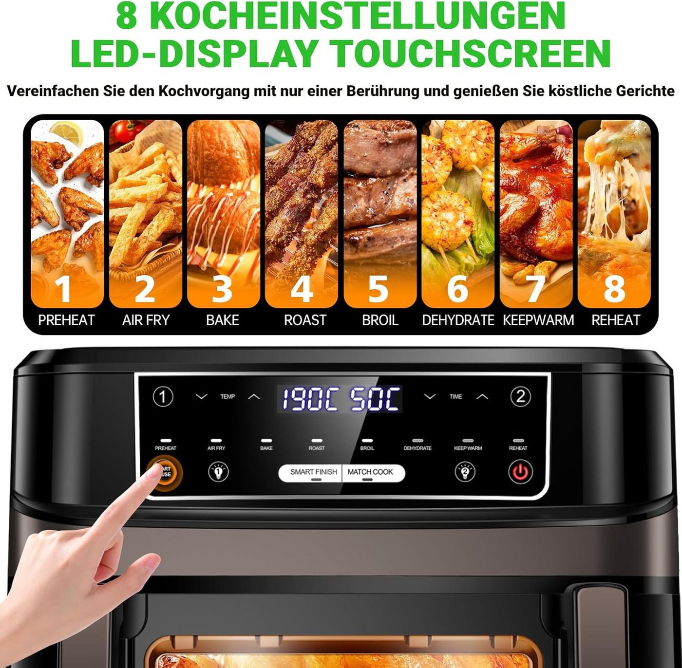 GIDGIMO Heißluftfritteuse 12L XXL 2-in-1 Dual-Zone-Technologie, Doppel-Heizelement Air Fryer, 2600 W, Smart Finish & Match Cook, 8 Programme, Inkl.Trennwand & Rezeptbuch Bild 4
