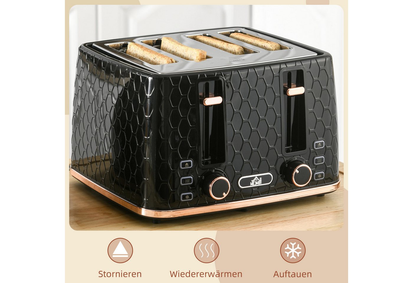 HOMCOM Toaster 4 Scheiben mit 7 Bräunungsstufen, 4 kurze Schlitze, für 4 Scheiben, 1860 W, Automatische Abschaltung, 7 Bräunungsstufen Bild 5