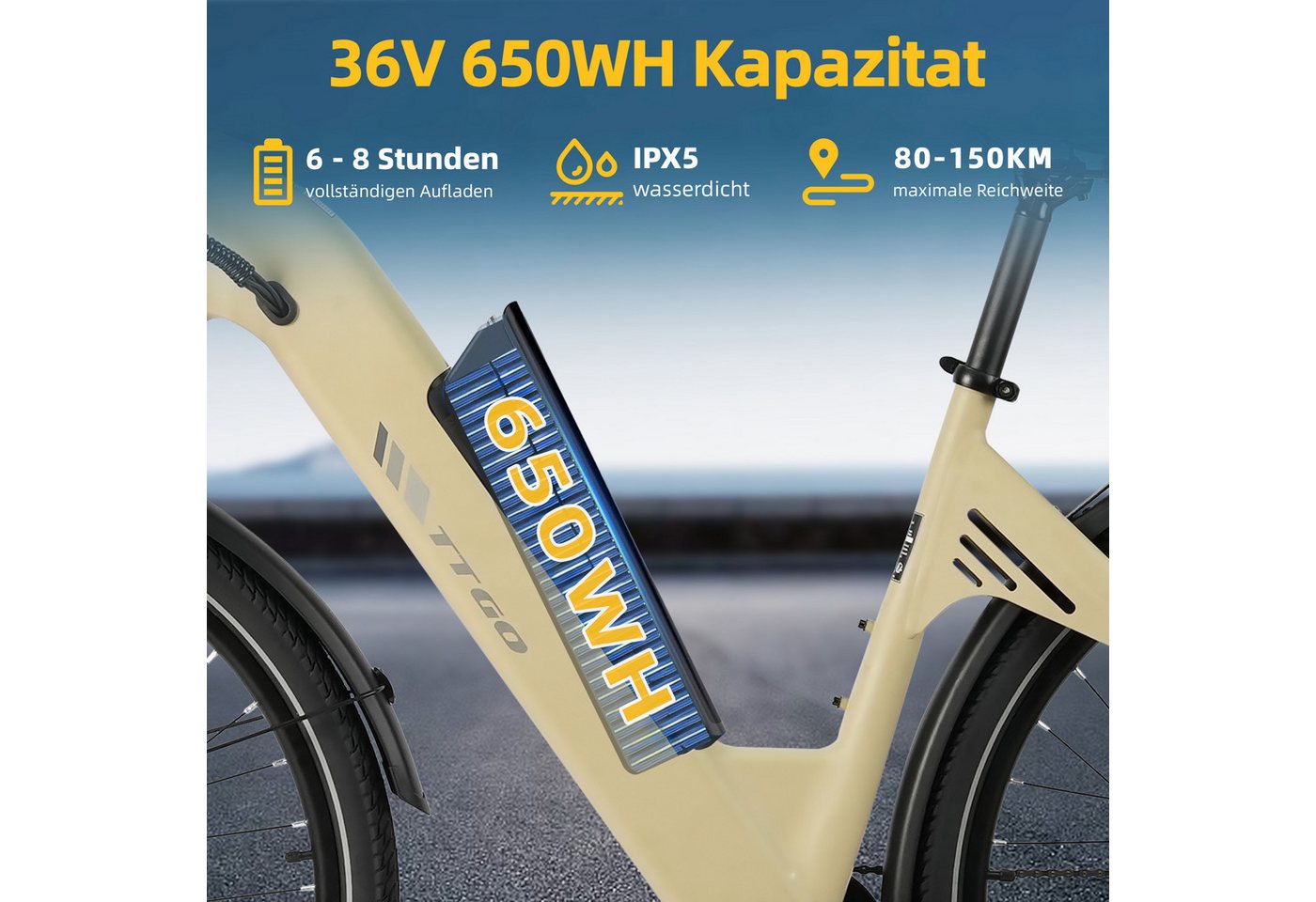 TTGO E-Bike Cityrad 28 Zoll, 55Nm, 650Wh, 150km, Elektrofahrrad für Damen und Herren, 7 Gang Shimano, Kettenschaltung, Heckmotor, 650 Wh, (Alu-Pedale, max. Belastung 125 kg, Aluminiumrahmen, LCD-Display), 5 Stufen, C3, Tiefeinsteiger, leicht nur 25kg, E-Citybike, Pedelec Bild 5