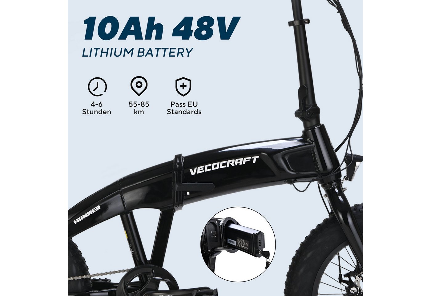 VECOCRAFT E-Bike Faltrad 20*4 Zoll Pedelec,40Nm Klapprad Elektrofahrrad 48V10Ah,Akku bis 85km, 7 Gang Shimano, Kettenschaltung, Heckmotor, 480 Wh, (Tretunterstützung, E-Klapprad, Max.25 km/h), Falt-E-Bike Erwachsene,faltbares Citybike, HUMMER, für Damen und Herren Bild 4