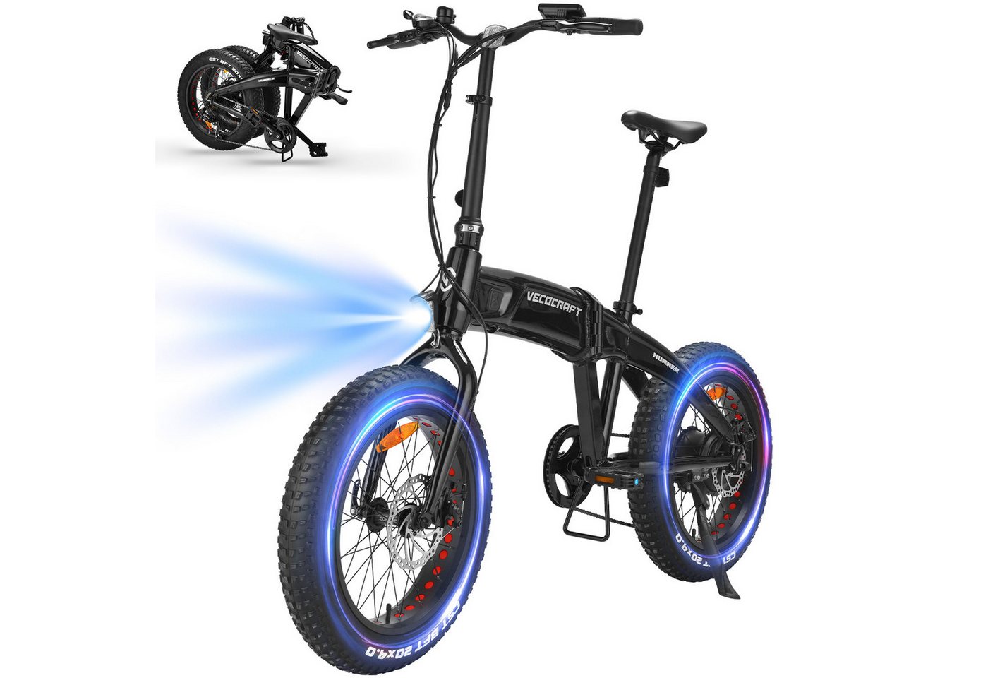 VECOCRAFT E-Bike Faltrad 20*4 Zoll Pedelec,40Nm Klapprad Elektrofahrrad 48V10Ah,Akku bis 85km, 7 Gang Shimano, Kettenschaltung, Heckmotor, 480 Wh, (Tretunterstützung, E-Klapprad, Max.25 km/h), Falt-E-Bike Erwachsene,faltbares Citybike, HUMMER, für Damen und Herren Bild 5