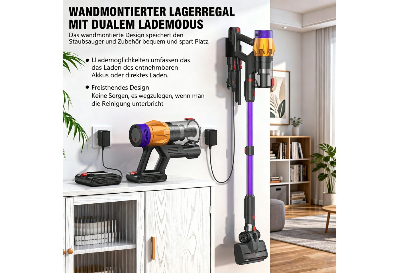 Blossom Stielstaubsauger V18 Akku-Hand-und Stielstaubsauger 50kpa 550W, beutellos, Staubsauger kabellos, akkustaubsauger, 60 min, Lila