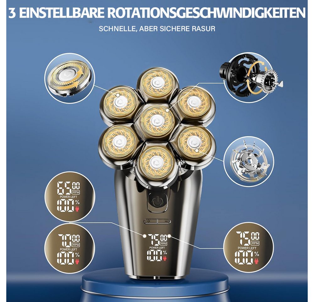 MOPUEA Elektrorasierer Elektrorasierer Glatzen Rasierer Nass/Trocken, 7D, abnehmbar, Glatzenrasierer Bart Nasentrimmer Kämme Zubehör Set, 7D Kopf IPX7 wasserdicht Nass Trocken USB LED Anzeige Bild 2