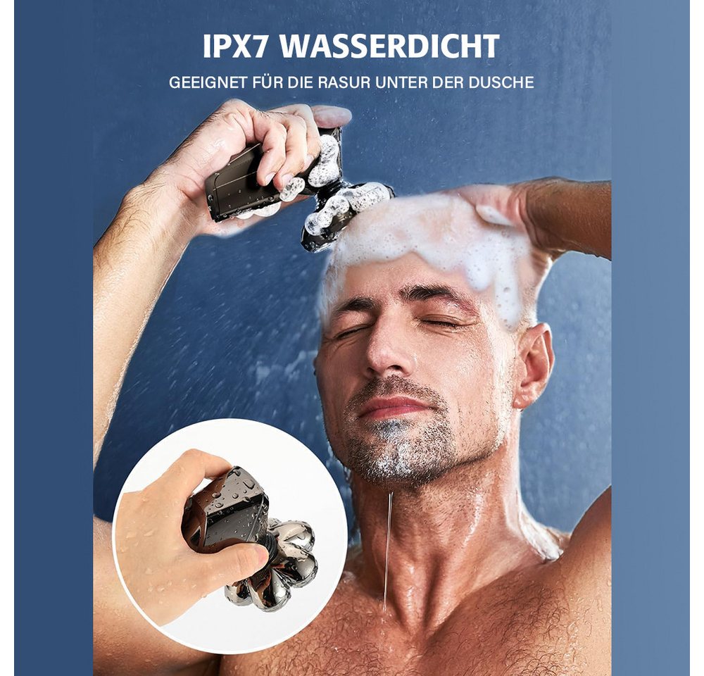 MOPUEA Elektrorasierer Elektrorasierer Glatzen Rasierer Nass/Trocken, 7D, abnehmbar, Glatzenrasierer Bart Nasentrimmer Kämme Zubehör Set, 7D Kopf IPX7 wasserdicht Nass Trocken USB LED Anzeige Bild 3