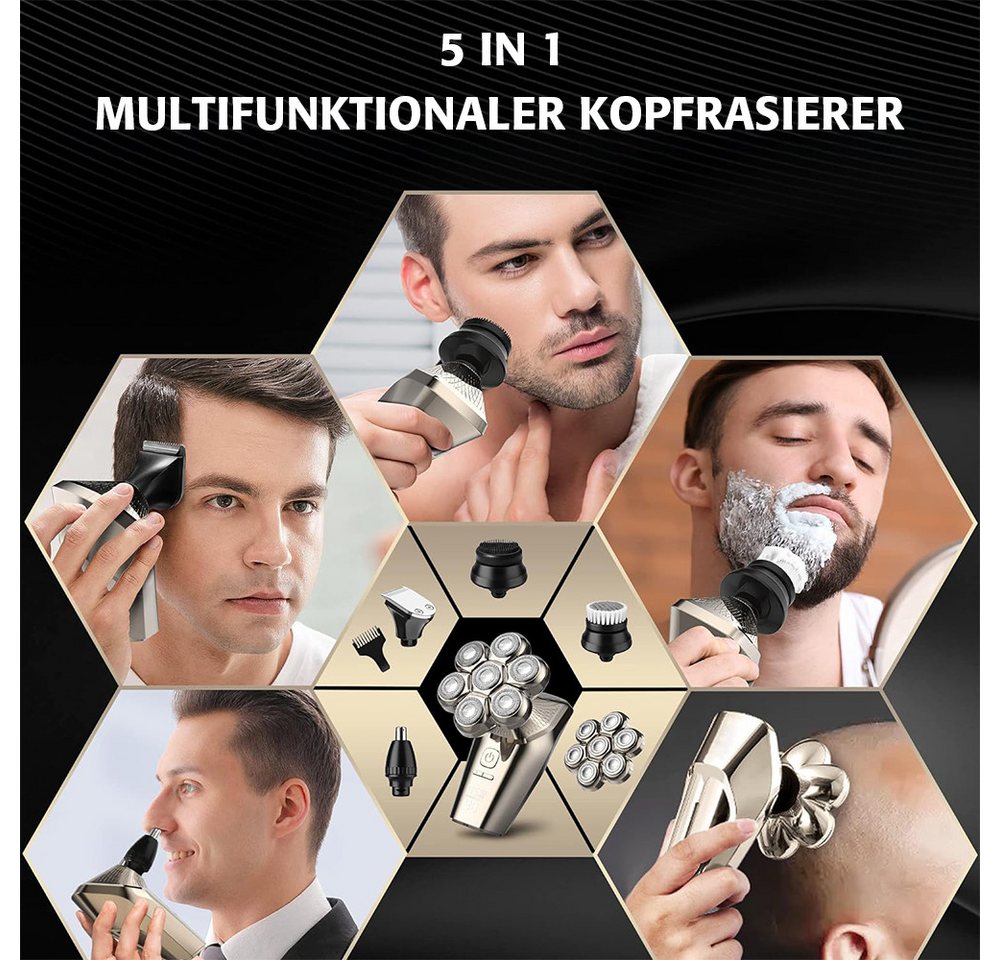MOPUEA Elektrorasierer Elektrorasierer Glatzen Rasierer Nass/Trocken, 7D, abnehmbar, Glatzenrasierer Bart Nasentrimmer Kämme Zubehör Set, 7D Kopf IPX7 wasserdicht Nass Trocken USB LED Anzeige Bild 5