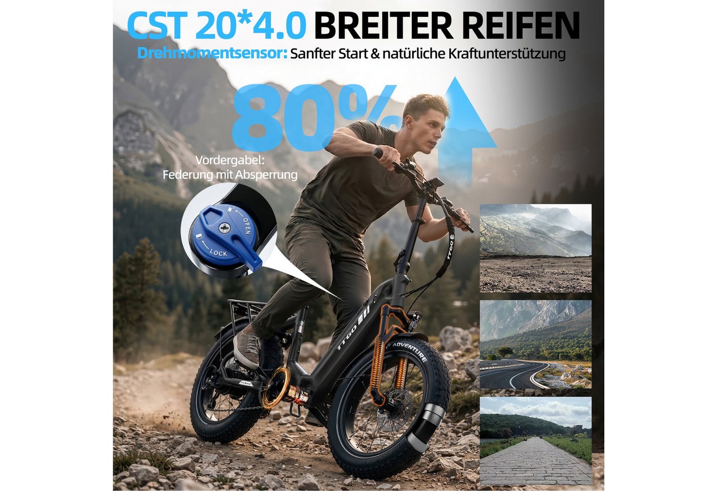 Vankel E-Bike Klapprad 20x4 Zoll, 70Nm, 860Wh, 140km, Drehmomentsensor, max. 150kg, 7 Gang SHIMANO, Kettenschaltung, Heckmotor, 870 Wh, (klappbar, LCD-Farbdisplay, hydraulische Scheibenbremsen), faltbar, Federgabel mit Lockout, Elektrofahrrad, Pedelec