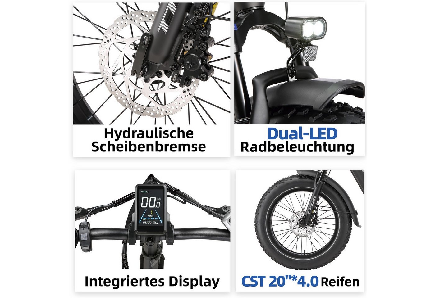 Vankel E-Bike Klapprad 20x4 Zoll, 70Nm, 860Wh, 140km, Drehmomentsensor, max. 150kg, 7 Gang SHIMANO, Kettenschaltung, Heckmotor, 870 Wh, (klappbar, LCD-Farbdisplay, hydraulische Scheibenbremsen), faltbar, Federgabel mit Lockout, Elektrofahrrad, Pedelec Bild 2