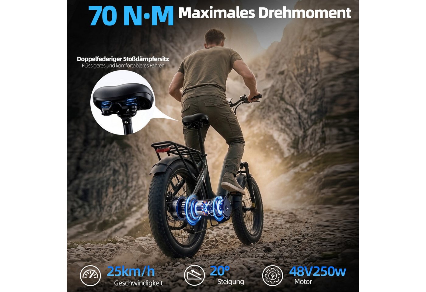 Vankel E-Bike Klapprad 20x4 Zoll, 70Nm, 860Wh, 140km, Drehmomentsensor, max. 150kg, 7 Gang SHIMANO, Kettenschaltung, Heckmotor, 870 Wh, (klappbar, LCD-Farbdisplay, hydraulische Scheibenbremsen), faltbar, Federgabel mit Lockout, Elektrofahrrad, Pedelec Bild 4