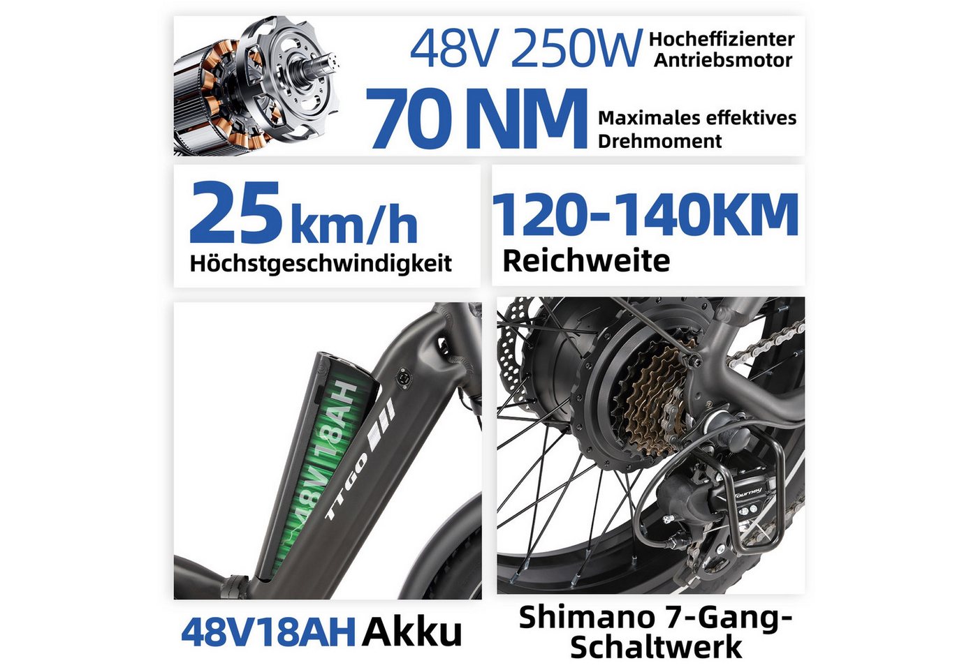Vankel E-Bike Klapprad 20x4 Zoll, 70Nm, 860Wh, 140km, Drehmomentsensor, max. 150kg, 7 Gang SHIMANO, Kettenschaltung, Heckmotor, 870 Wh, (klappbar, LCD-Farbdisplay, hydraulische Scheibenbremsen), faltbar, Federgabel mit Lockout, Elektrofahrrad, Pedelec Bild 5