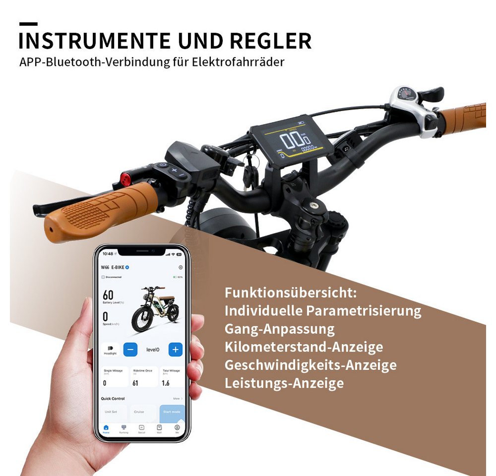 Vankel E-Bike Cityrad herren E-Fatbike 648WH cityrad 20×4.0 Zoll damen 13.5AH 65Nm, Kettenschaltung, Heckmotor, 648 Wh, Retro E-Fatbike mit hydraulischen & Bluetooth, E-bikes Bild 3