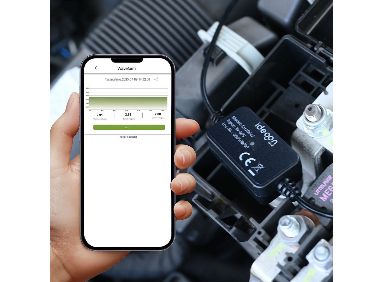 shop'n smile ideoon Batterietester App-KFZ-Batteriewächter 6V-12V Monitor & Tiefentladeschutz IPX7, 3mA/App-Überwachung/wasserdicht nach IPX7/