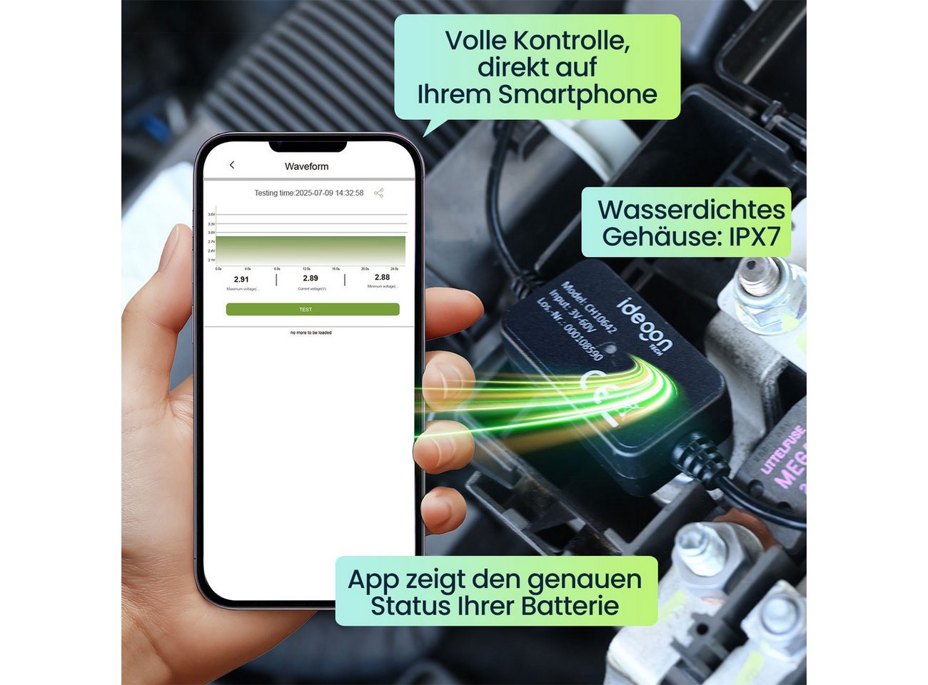 shop'n smile ideoon Batterietester App-KFZ-Batteriewächter 6V-12V Monitor & Tiefentladeschutz IPX7, 3mA/App-Überwachung/wasserdicht nach IPX7/ Bild 2