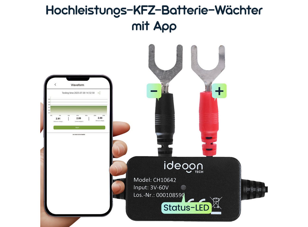 shop'n smile ideoon Batterietester App-KFZ-Batteriewächter 6V-12V Monitor & Tiefentladeschutz IPX7, 3mA/App-Überwachung/wasserdicht nach IPX7/ Bild 3