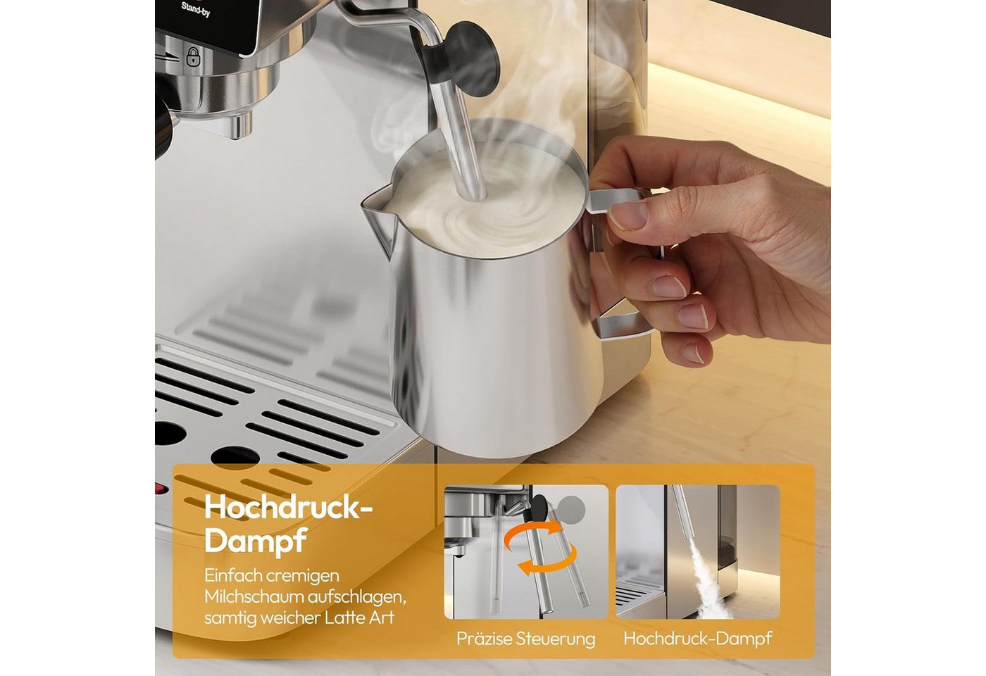 LLIVEKIT Siebträgermaschine, 20 Bar mit Milchaufschäumer, Kapsel & Kaffeepulver geeignet